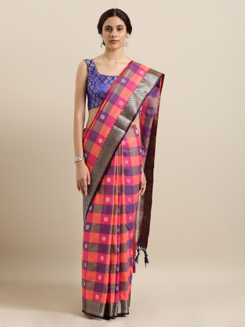 

Mitera Coral Pink & Purple Silk Blend Checked Woven Design Kanjeevaram Saree