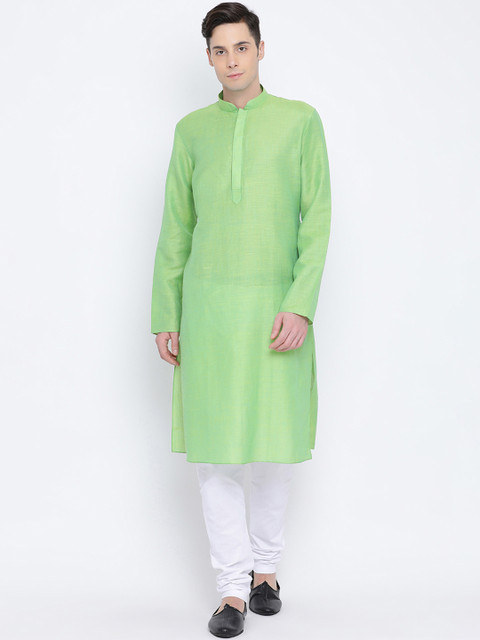 

NAMASKAR Men Green & White Solid Kurta with Churidar