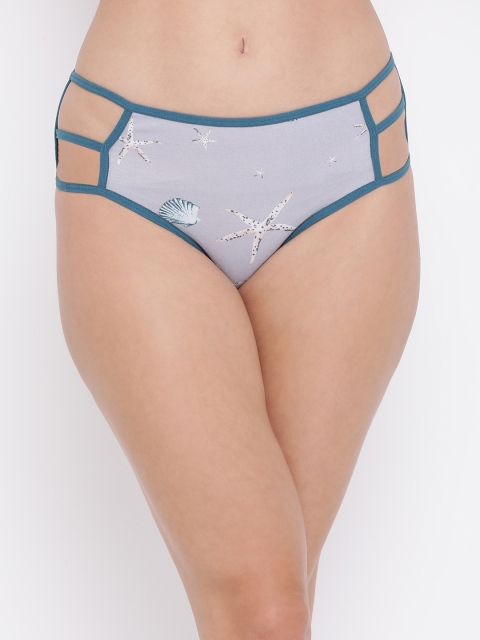 

Clovia Women Grey & Teal Blue Printed Mid-Rise Hipster Briefs With Cage Sides PN3347P013