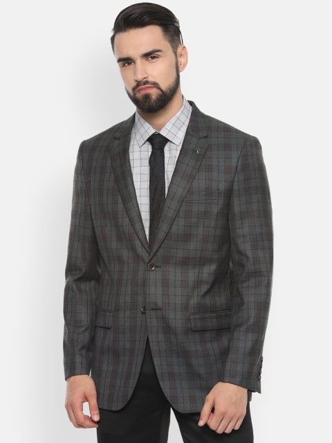 Van Heusen Men Grey Checked Slim-Fit Single-Breasted Blazer