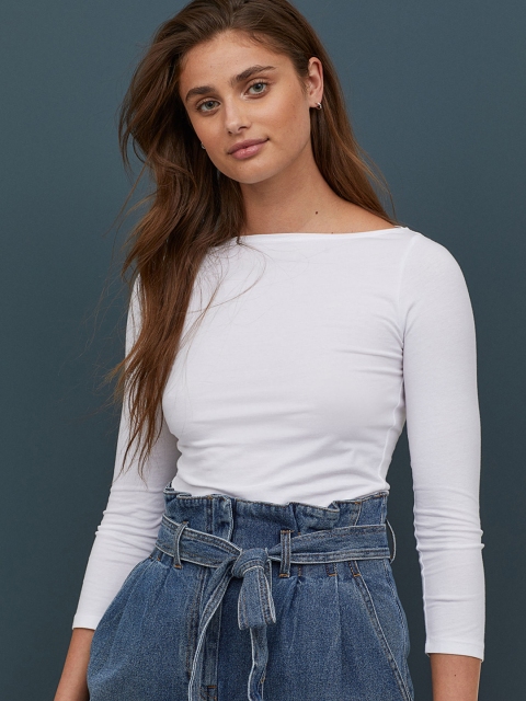 

H&M Women White Solid Fitted Jersey Top