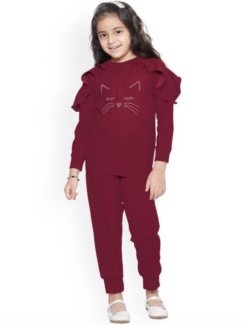 

LilPicks Girls Maroon Solid T-shirt with Trousers