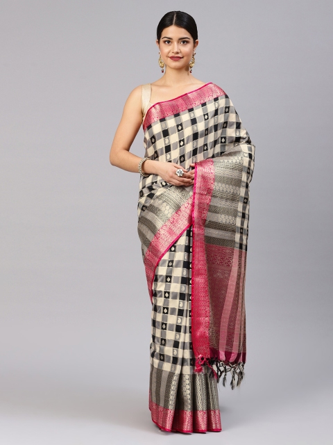 

Mitera Black & White Silk Blend Checked Kanjeevaram Saree