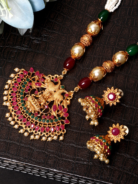 

ANIKAS CREATION Maroon Beaded Gold-Plated Temple Jewellery Set
