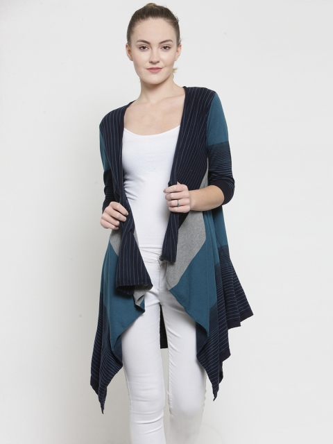 Kalt Women Navy Blue & Grey Colourblocked Open Front Longline Shrug