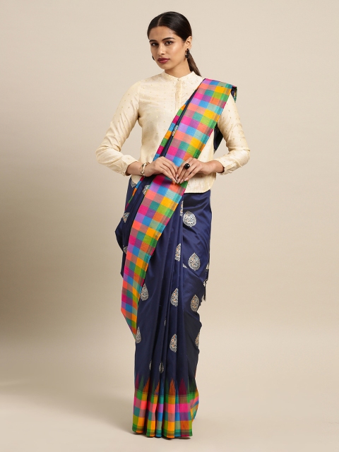 

Mitera Navy Blue & Grey Silk Blend Woven Design Kanjeevaram Saree