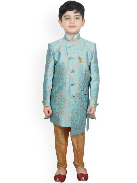

SG YUVRAJ Boys Turquoise-Blue & Gold-Toned Self Design Silk Sherwani