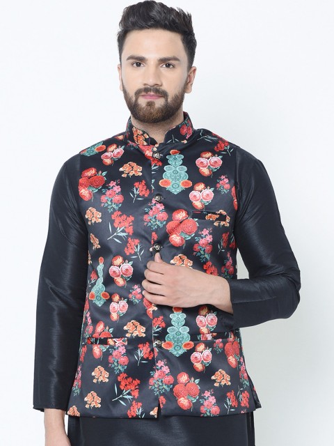 

TAG 7 Men Black Floral Printed Woven Nehru Jacket