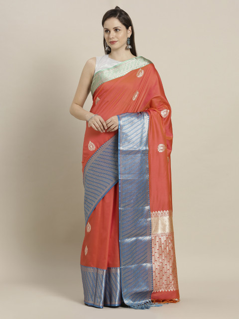 

Mitera Coral & Blue Silk Blend Woven Design Kanjeevaram Saree