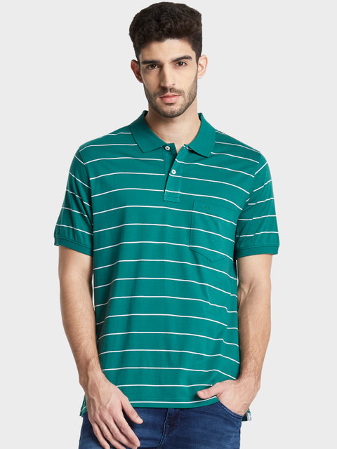 

ColorPlus Men Green & White Striped Polo Collar T-shirt