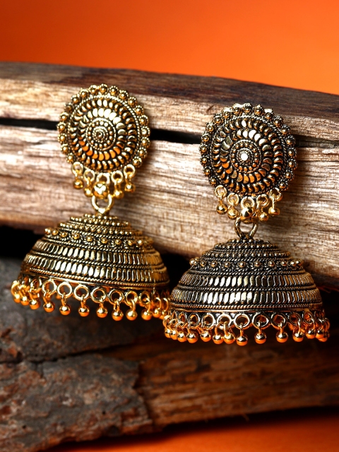 ANIKAS CREATION Gold Plated & Gun Metal Antique Dome Shaped Jhumkas, Metallic
