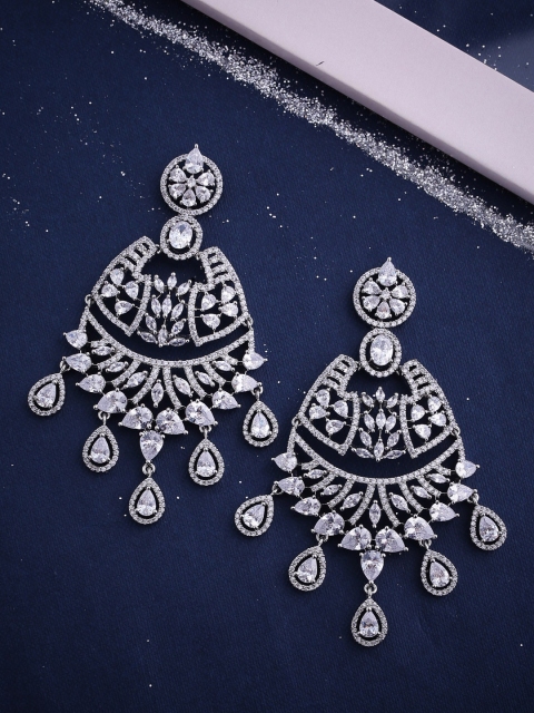 

Voylla Silver-Plated & White Cubic Zirconia Studded Contemporary Drop Earrings