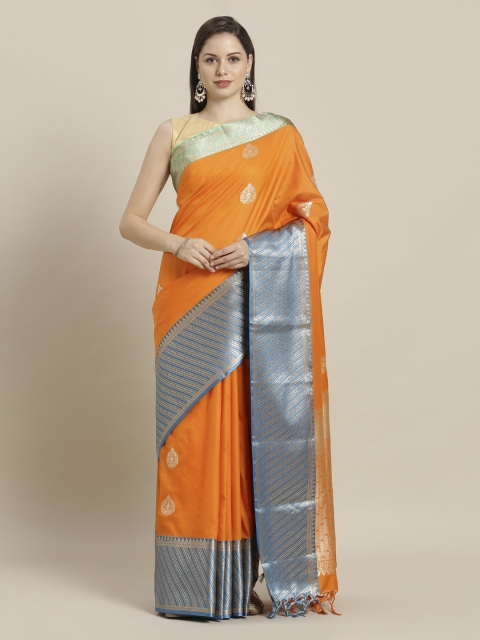 

Mitera Orange & Blue Silk Blend Woven Design Kanjeevaram Saree