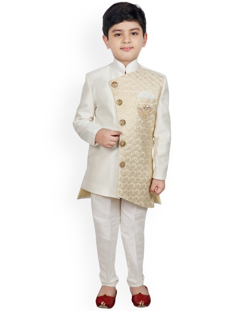 

SG YUVRAJ Boys White & Gold-Toned Embroidered Silk Sherwani