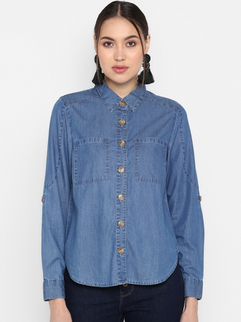 

FOSH Women Blue Regular Fit Solid Casual Shirt