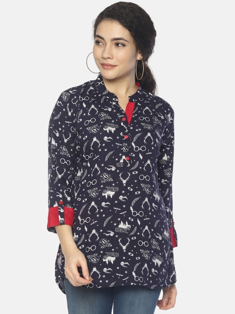 

Mytri Women'S Blue Viscose Print Straight, Navy blue