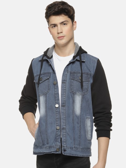

Campus Sutra Men Blue & Black Washed Colourblocked Hooded Denim Jacket