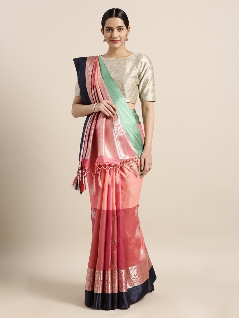 

Mitera Peach-Coloured & Coffee Brown Silk Blend Woven Design Kanjeevaram Saree