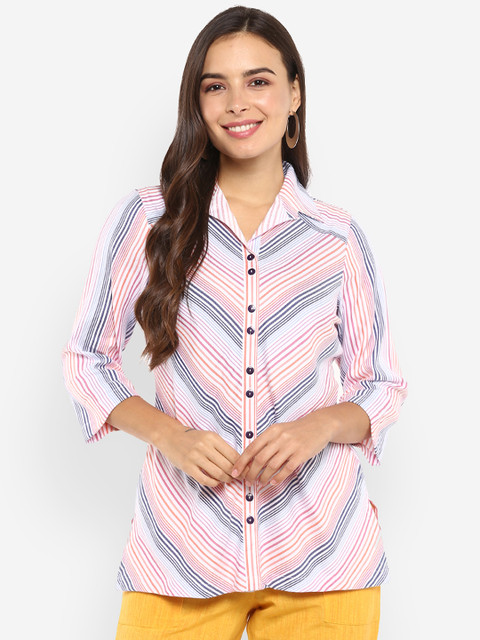 

Ayaany Women Pink Striped Shirt Style Top