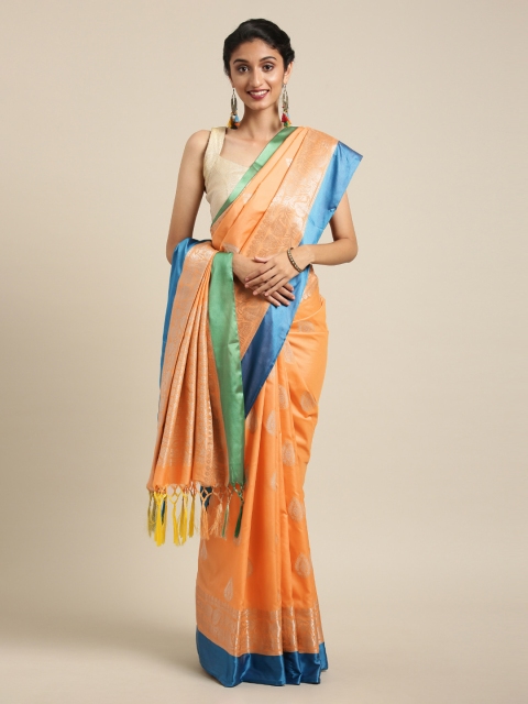 

Mitera Peach-Coloured & Blue Silk Blend Woven Design Kanjeevaram Saree