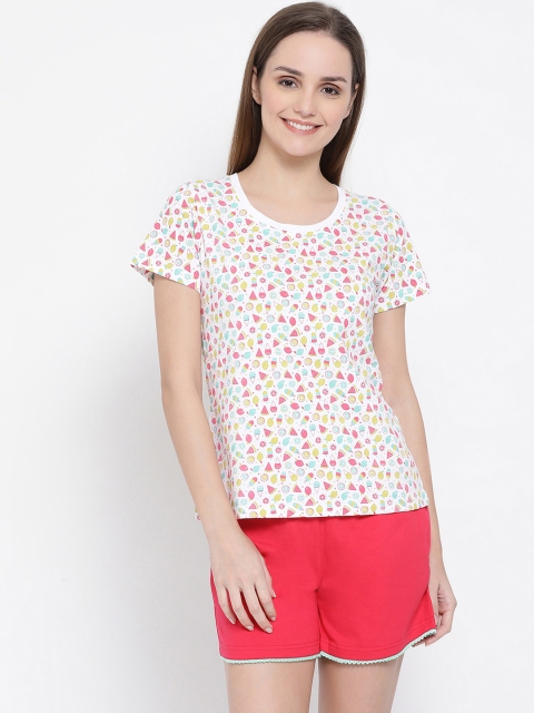 

Clovia Women White Printed Tshirt & Red Shorts Night Suit LS0466P183XL