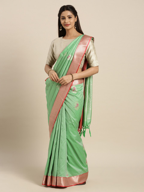 

Mitera Green & Pink Silk Blend Woven Design Kanjeevaram Saree
