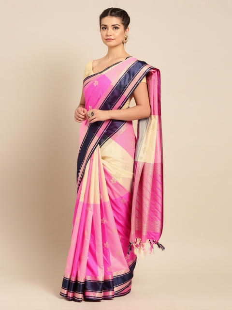 

Mitera Pink & Cream-Coloured Silk Blend Woven Design Kanjeevaram Saree