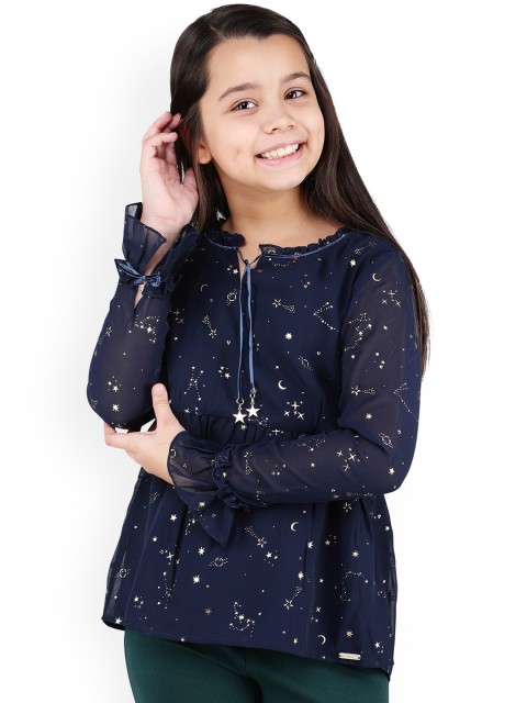 

One Friday Girls Navy Blue Printed Top