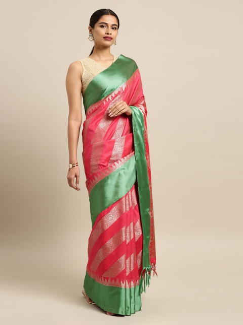 

Mitera Pink & Green Silk Blend Woven Design Kanjeevaram Saree