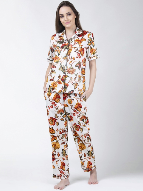

ADORENITE Women Off-White & Orange Floral Printed Night Suit PJ133