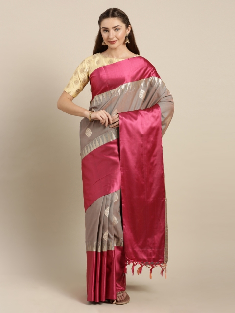

Mitera Charcoal Grey & Pink Silk Blend Woven Design Kanjeevaram Saree