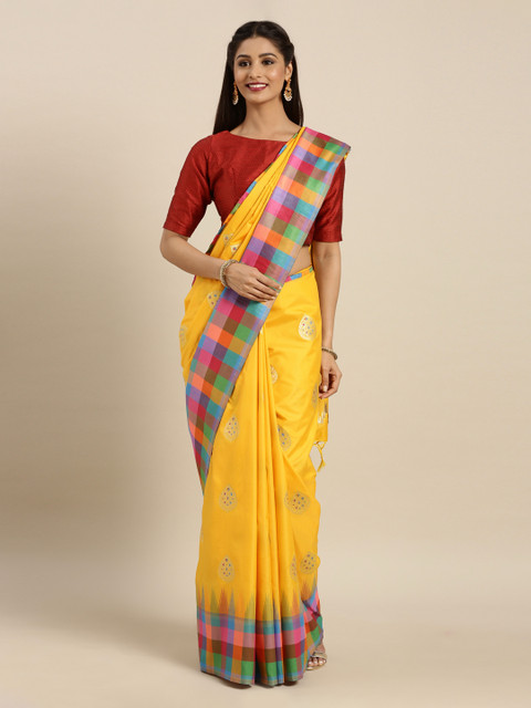 

Mitera Yellow Silk Blend Woven Design Kanjeevaram Saree