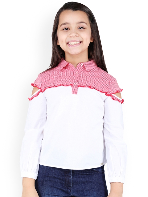One Friday Girls White & Red Checked Pure Cotton Shirt Style Pure Cotton Top