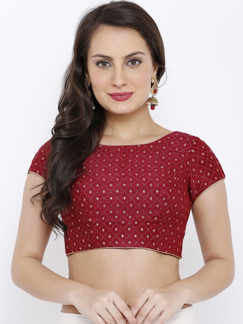 

SALWAR STUDIO Women Maroon Embellished Brocade Readymade Saree Blouse
