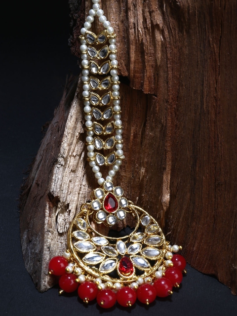 

ANIKAS CREATION Gold-Plated Red Handcrafted Maang Tikka
