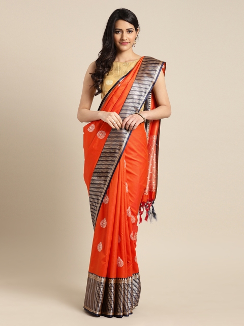 

Mitera Orange Silk Blend Woven Design Kanjeevaram Saree
