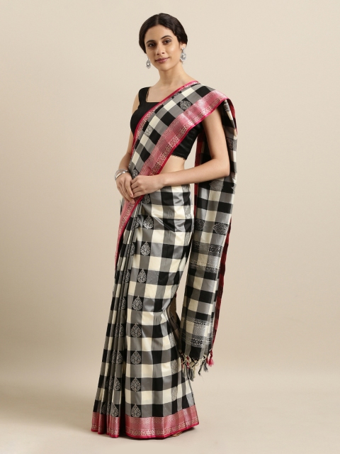 

Mitera Black & White Silk Blend Checked Kanjeevaram Saree