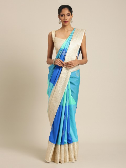 

Mitera Blue & Cream-Coloured Silk Blend Woven Design Kanjeevaram Saree