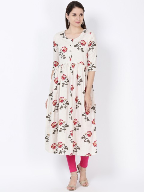 

Soch Women Red & Off-white Floral Print Pure Cotton Anarkali Kurta