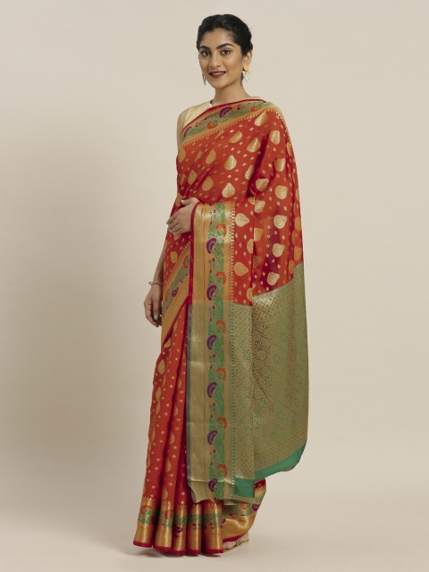 

Mitera Orange Silk Cotton Woven Design Banarasi Saree