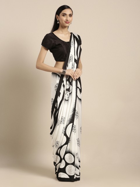 

Mitera Off-White & Black Pure Crepe Printed Saree