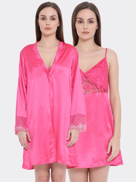 

Clovia Women Pink Solid Satin Lace Nightdress with Robe