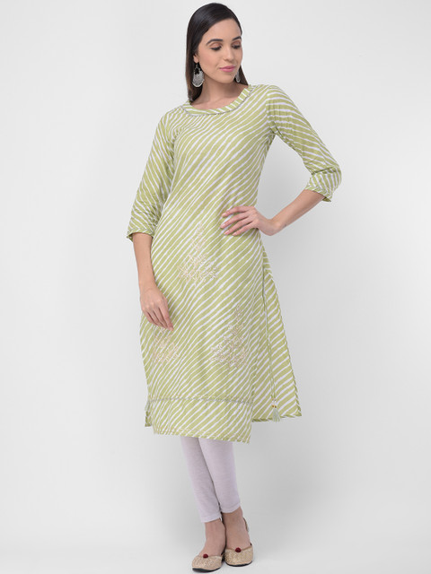 

aayusika Women Green & White Printed A-Line Kurta