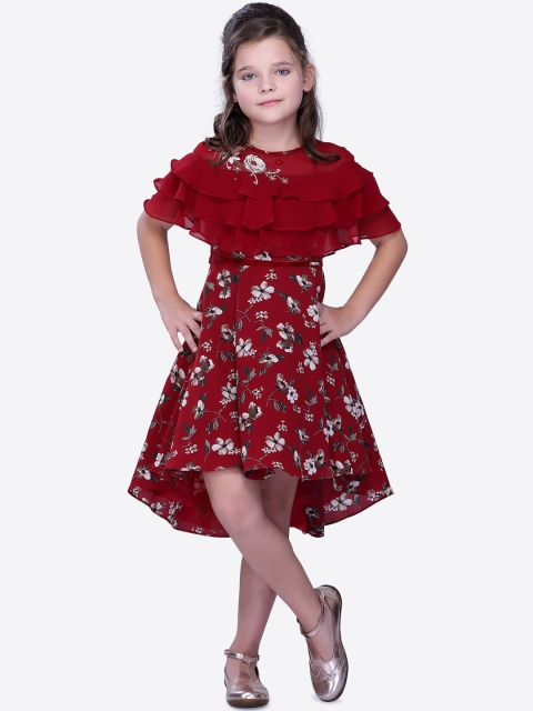 

CUTECUMBER Girls Printed Maroon Fit and Flare Dress