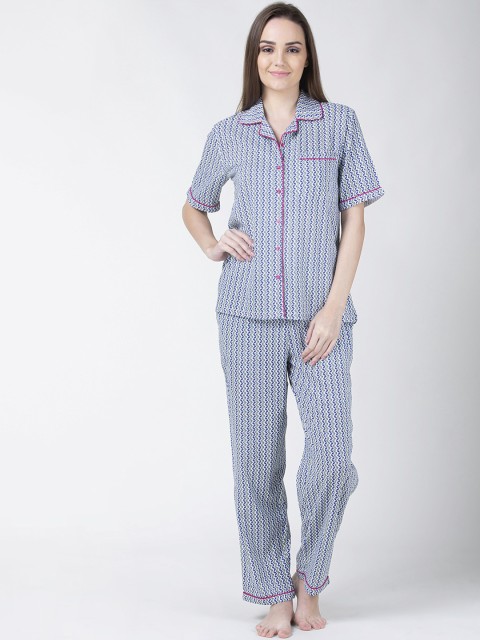 

ADORENITE Women White & Blue Printed Night Suit