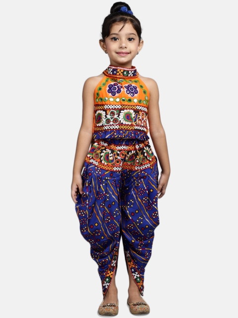 

BownBee Girls Orange & Blue Printed Top with Dhoti Pants