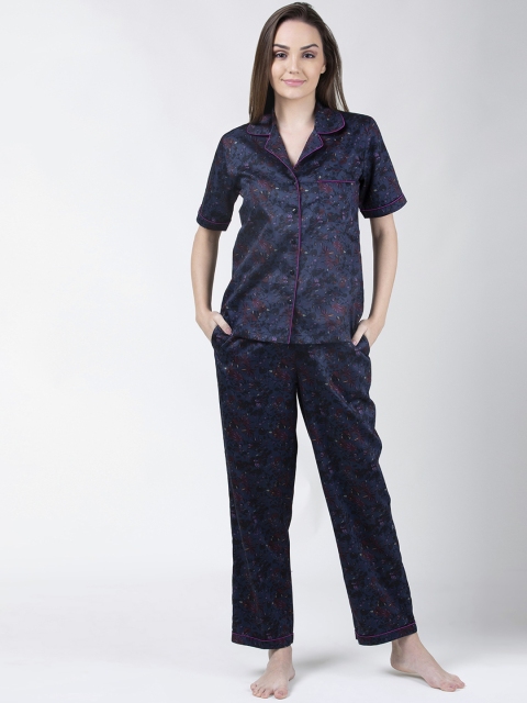 

ADORENITE Women Navy Blue & Black Floral Printed Night Suit