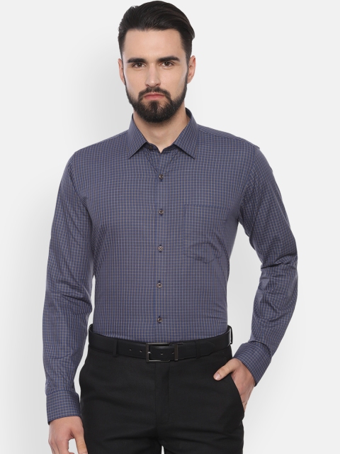 Van Heusen Men Navy Blue & Brown Slim Fit Checked Formal Shirt