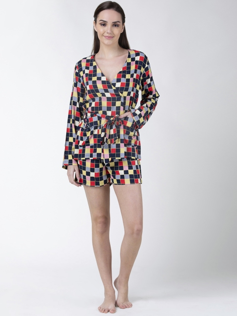 

ADORENITE Women Red & Navy Blue Checked Night Suit with Wrap & Tie-Up Detail