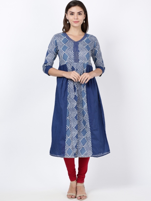 

Soch Women Blue & White Printed Pure Cotton Anarkali Kurta